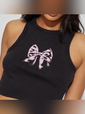 Garage Black Ribbed Crop Top with Pink Bow Graphic